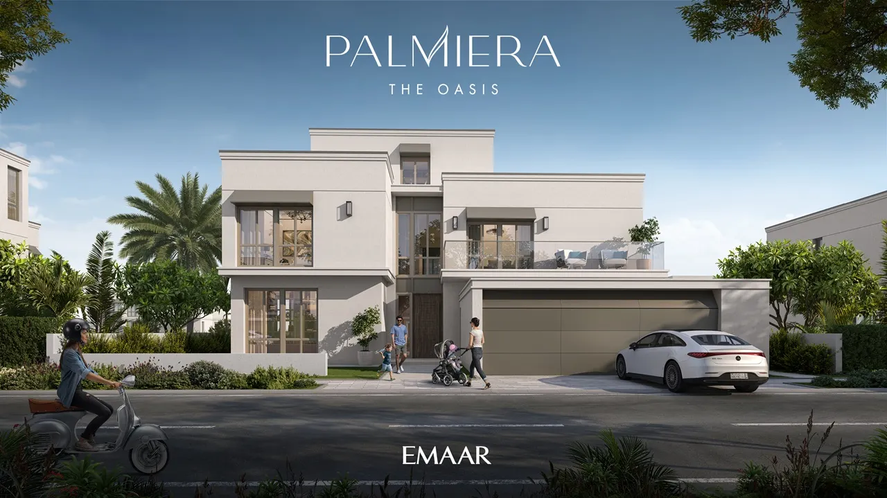 Palmiera at The Oasis by Emaar modern villa street view with garage driveway and landscaped surroundings in Dubai - Presented by Tohid Fetrat