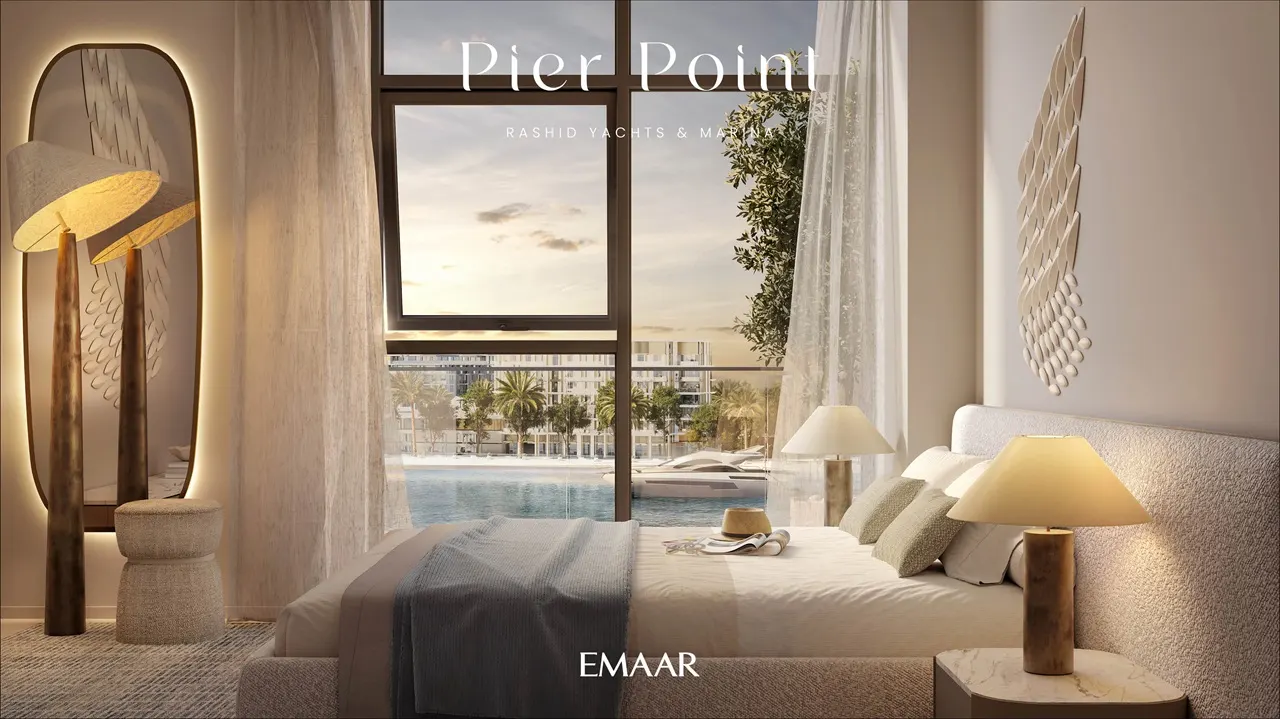 Pier Point 1 at Rashid Yachts & Marina by Emaar bedroom interior with marina view and large window in Dubai - Presented by Tohid Fetrat