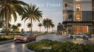 Pier Point 1 at Rashid Yachts & Marina by Emaar building exterior with palm lined entrance and marina surroundings in Dubai - Presented by Tohid Fetrat
