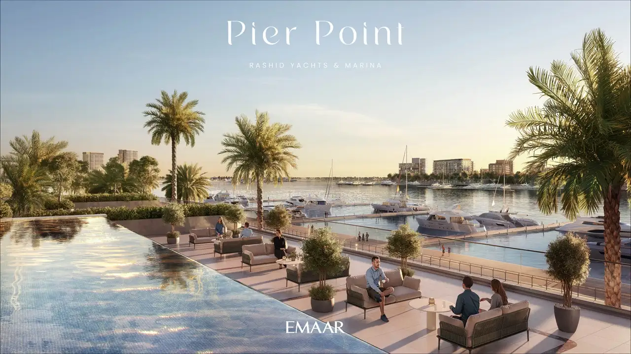 Pier Point 1 at Rashid Yachts & Marina by Emaar infinity pool overlooking marina with yachts and palm trees in Dubai - Presented by Tohid Fetrat