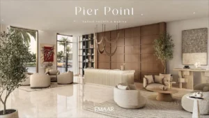 Pier Point 1 at Rashid Yachts & Marina by Emaar lobby interior with modern seating and reception area in Dubai - Presented by Tohid Fetrat