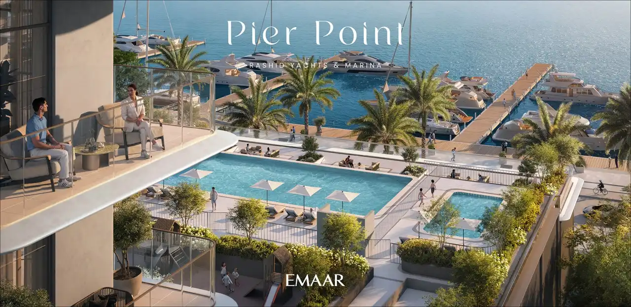 Pier Point 1 at Rashid Yachts & Marina by Emaar pool area overlooking marina with yachts and waterfront in Dubai - Presented by Tohid Fetrat