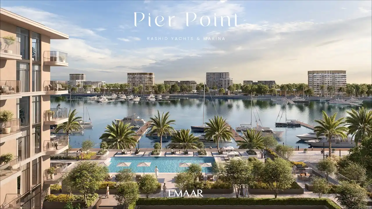 Pier Point 1 at Rashid Yachts & Marina by Emaar waterfront pool with marina view and yachts in Dubai - Presented by Tohid Fetrat