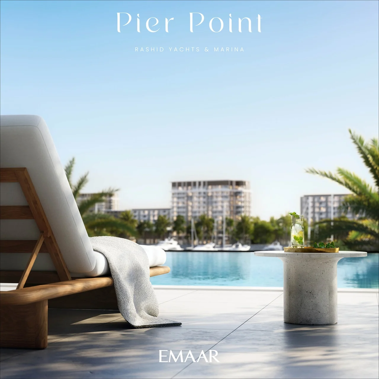 Pier Point 1 at Rashid Yachts & Marina by Emaar poolside lounge chair with marina view and outdoor setting in Dubai - Presented by Tohid Fetrat