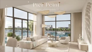 Pier Point 2 at Rashid Yachts & Marina by Emaar apartment interior living room with large windows marina view natural light and modern furnishings in Dubai - Presented by Tohid Fetrat