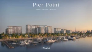 Pier Point 2 at Rashid Yachts & Marina by Emaar waterfront skyline view with yachts palm lined promenade and modern residential buildings in Dubai - Presented by Tohid Fetrat