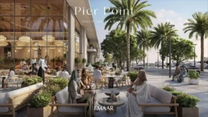 Pier Point 2 at Rashid Yachts & Marina by Emaar outdoor cafe seating with waterfront promenade palm trees and social dining atmosphere in Dubai - Presented by Tohid Fetrat
