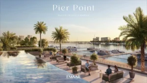 Pier Point 2 at Rashid Yachts & Marina by Emaar infinity pool terrace with marina view yachts palm trees and outdoor seating in Dubai - Presented by Tohid Fetrat
