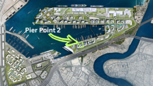 Pier Point 2 at Rashid Yachts & Marina by Emaar highlighted location within masterplan map showing marina layout waterfront and surrounding roads in Dubai - Presented by Tohid Fetrat