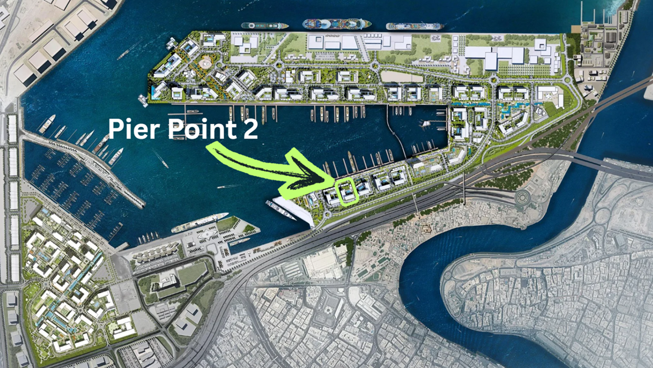 Pier Point 2 at Rashid Yachts & Marina by Emaar highlighted location within masterplan map showing marina layout waterfront and surrounding roads in Dubai - Presented by Tohid Fetrat