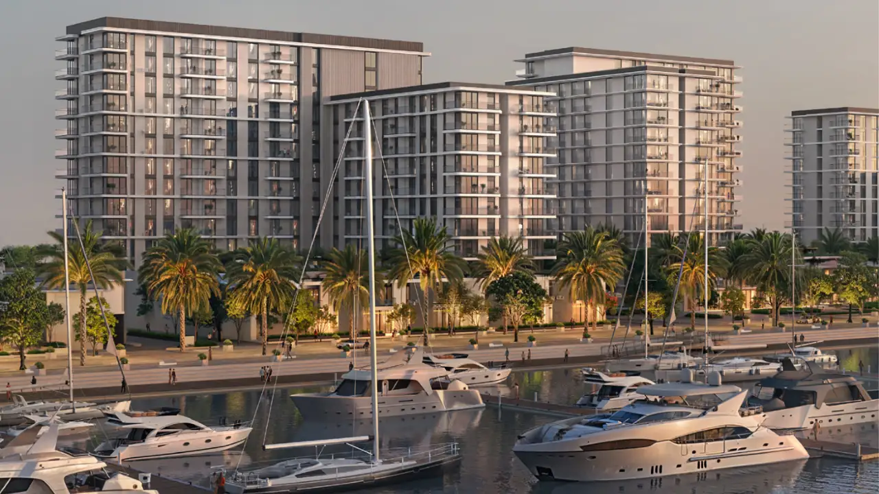 Pier Point 2 at Rashid Yachts & Marina by Emaar waterfront residential buildings with marina yachts palm trees and promenade in Dubai - Presented by Tohid Fetrat