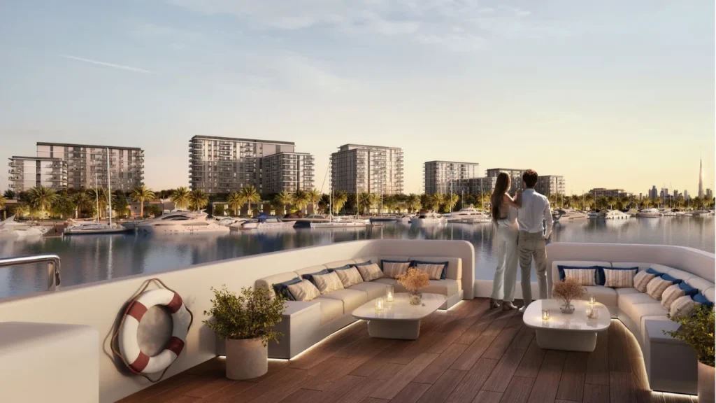 Pier Point 2 at Rashid Yachts & Marina by Emaar yacht deck lounge with seating marina view skyline and waterfront ambiance in Dubai - Presented by Tohid Fetrat
