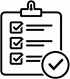 Minimal black line icon showing checklist with check marks and approval badge representing project status Presented by Tohid Fetrat