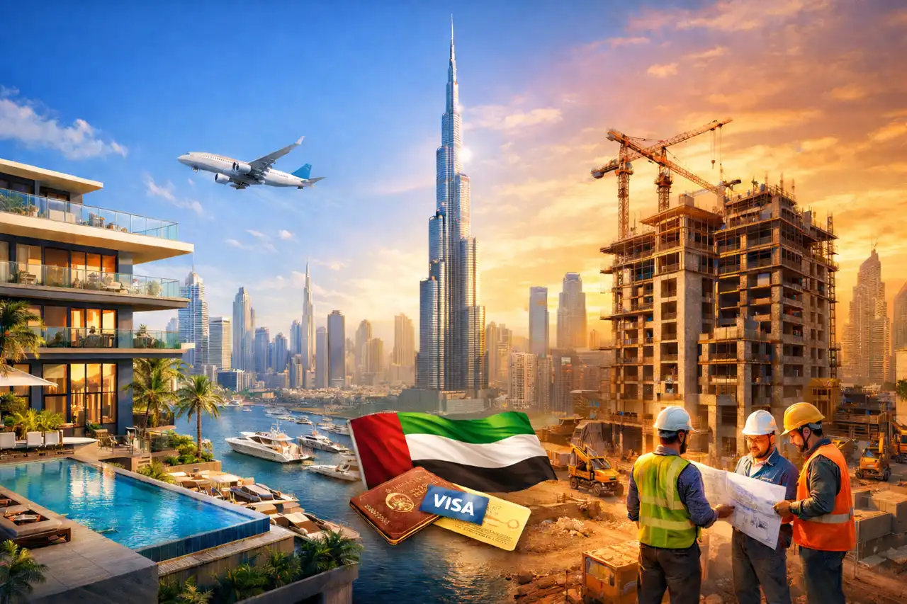 Ready vs Off Plan Property for Dubai Golden Visa visual showing completed luxury residence, off plan construction project, Dubai skyline and property investment concept. Presented by Tohid Fetrat