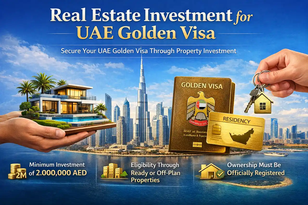 Real Estate Investment for UAE Golden Visa visual showing Dubai property investment, luxury villa, Golden Visa card, residency concept and registered ownership in Dubai. Presented by Tohid Fetrat