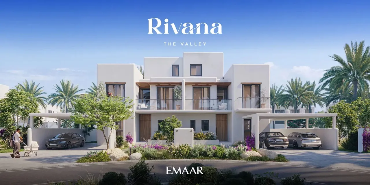 Rivana The Valley by Emaar modern villa front elevation with landscaped entrance balconies and private carports in Dubai - Presented by Tohid Fetrat