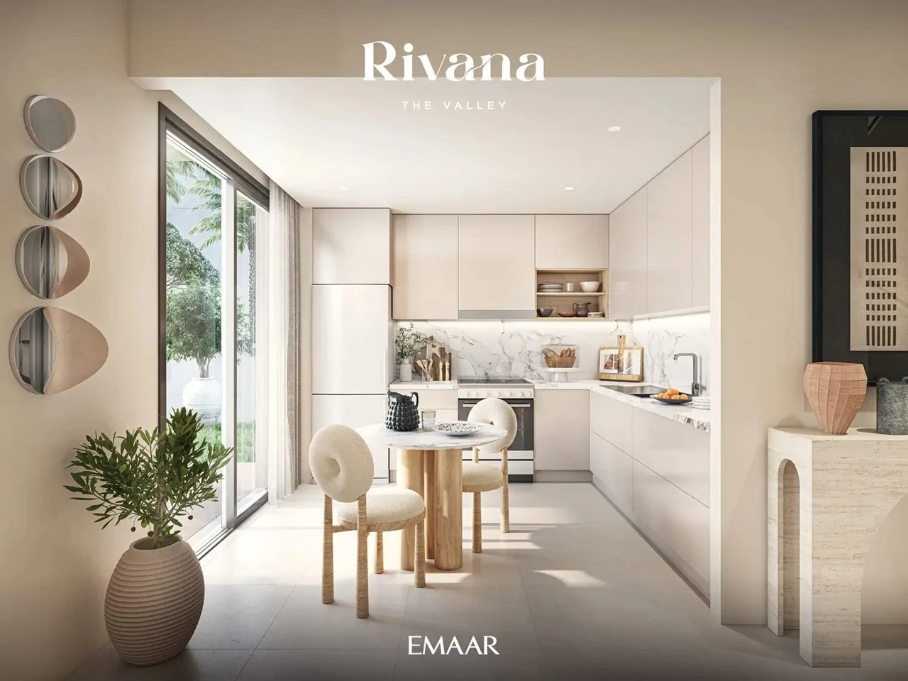 Rivana The Valley by Emaar modern kitchen interior with marble backsplash dining nook and natural daylight in Dubai - Presented by Tohid Fetrat