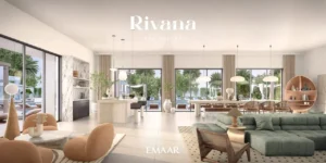 Rivana The Valley by Emaar open plan living and dining area with modern kitchen large windows and garden views in Dubai - Presented by Tohid Fetrat
