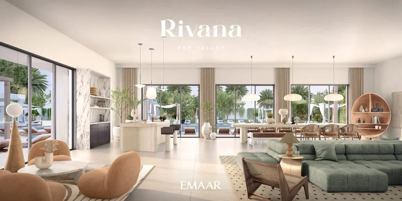 Rivana The Valley by Emaar open plan living and dining area with modern kitchen large windows and garden views in Dubai - Presented by Tohid Fetrat