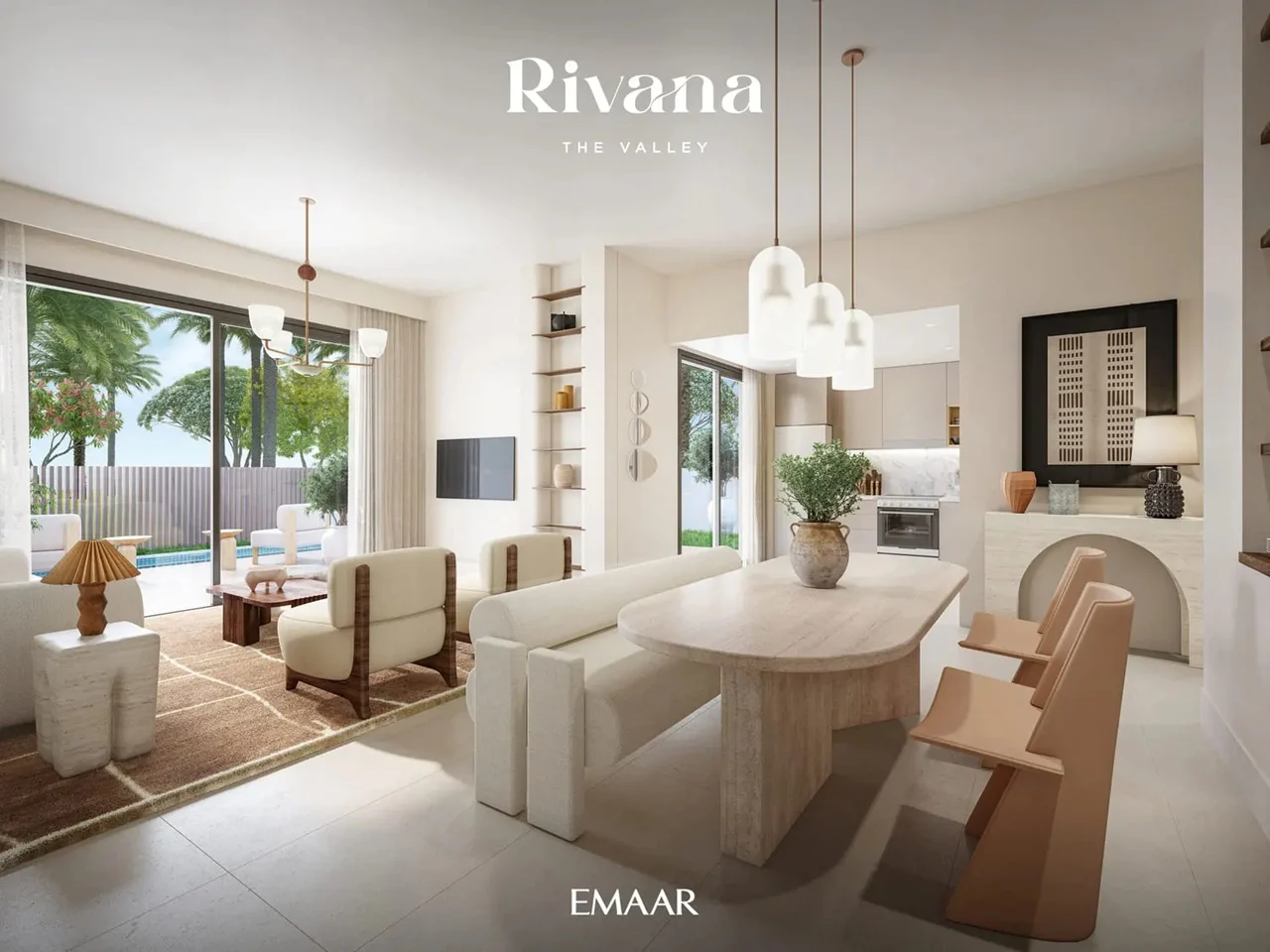 Rivana The Valley by Emaar open plan interior with dining area lounge modern kitchen and natural light in Dubai - Presented by Tohid Fetrat