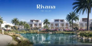 Rivana The Valley by Emaar modern villas overlooking a landscaped lagoon with palm trees and serene waterfront setting in Dubai - Presented by Tohid Fetrat