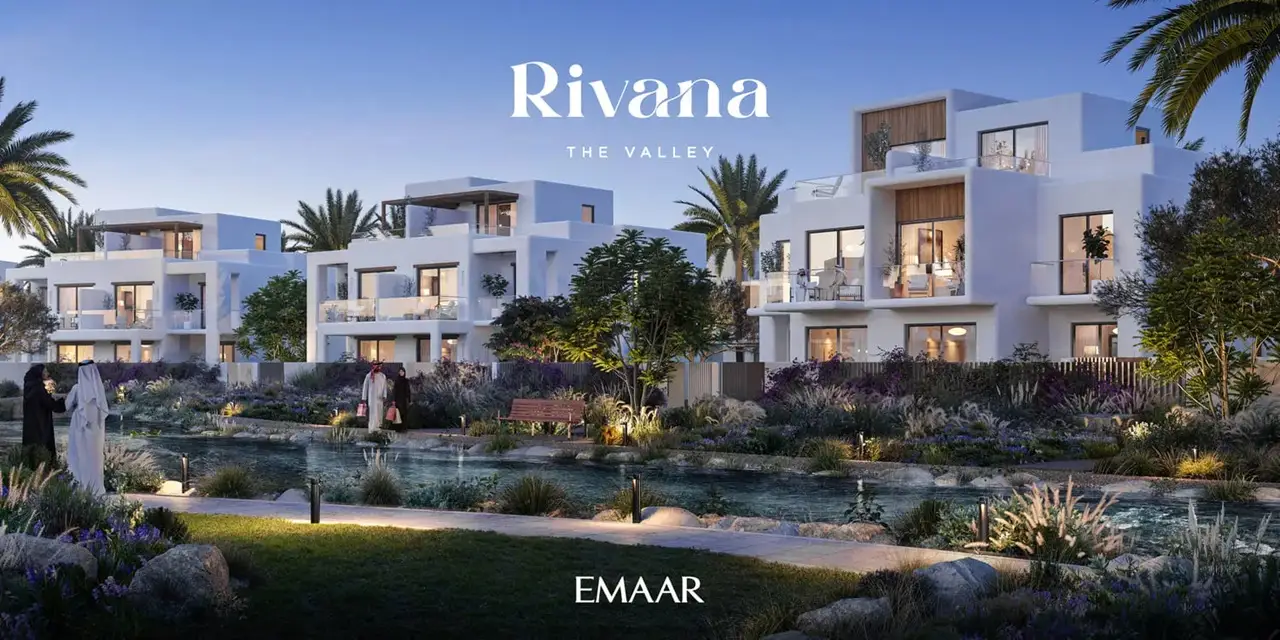 Rivana The Valley by Emaar modern villas beside a landscaped waterfront with evening lighting and lush community surroundings in Dubai - Presented by Tohid Fetrat