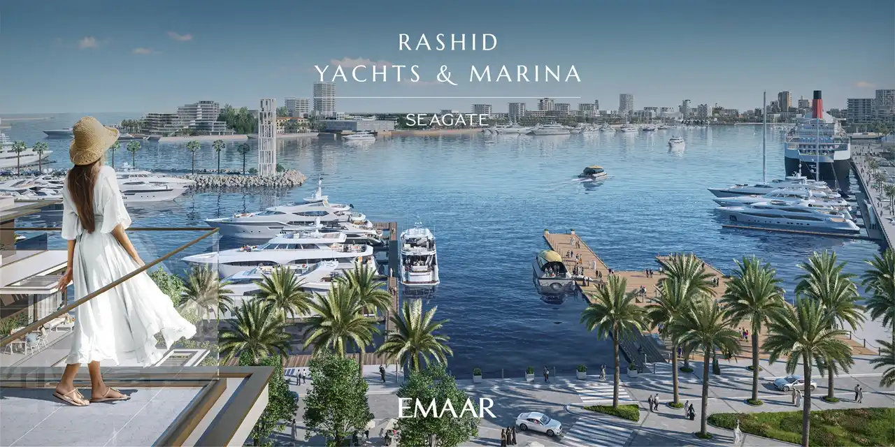 Seagate at Rashid Yachts & Marina by Emaar balcony view overlooking marina yachts promenade and waterfront in Dubai - Presented by Tohid Fetrat