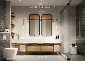 Seagate at Rashid Yachts & Marina by Emaar modern bathroom interior with double vanity mirrors glass shower and elegant finishes in Dubai - Presented by Tohid Fetrat