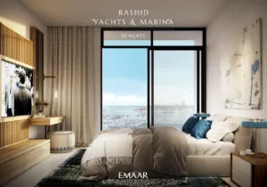 Seagate at Rashid Yachts & Marina by Emaar bedroom interior with marina view large windows and modern design in Dubai - Presented by Tohid Fetrat
