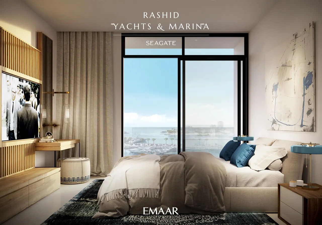 Seagate at Rashid Yachts & Marina by Emaar bedroom interior with marina view large windows and modern design in Dubai - Presented by Tohid Fetrat