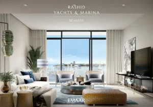 Seagate at Rashid Yachts & Marina by Emaar living room interior with marina view large windows and modern furnishings in Dubai - Presented by Tohid Fetrat