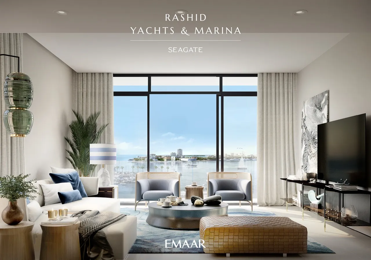 Seagate at Rashid Yachts & Marina by Emaar living room interior with marina view large windows and modern furnishings in Dubai - Presented by Tohid Fetrat