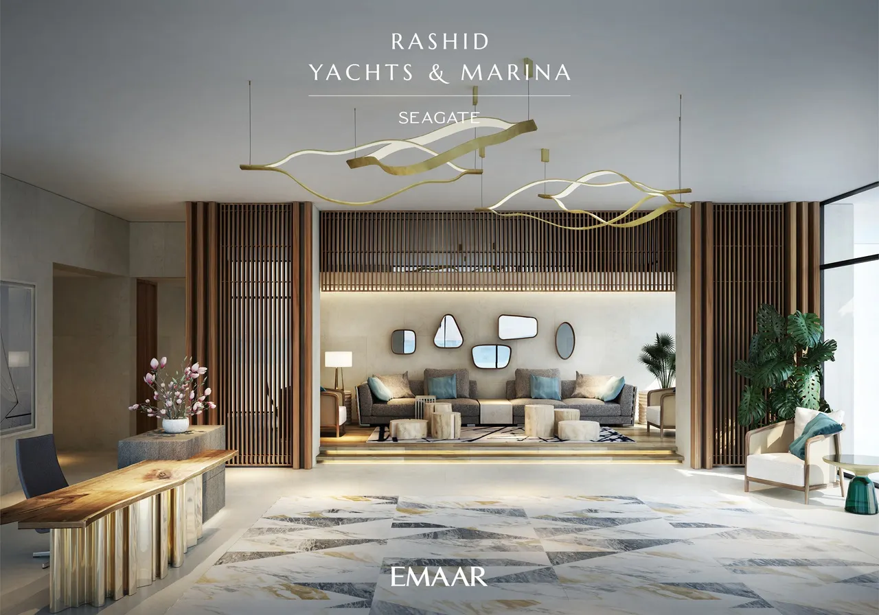 Seagate at Rashid Yachts & Marina by Emaar lobby interior with contemporary seating decorative lighting and refined design in Dubai - Presented by Tohid Fetrat