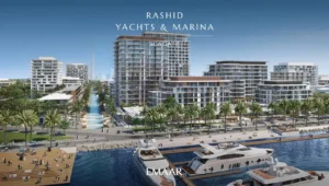 Seagate at Rashid Yachts & Marina by Emaar masterplan view with waterfront residences canal promenade and yachts in Dubai - Presented by Tohid Fetrat