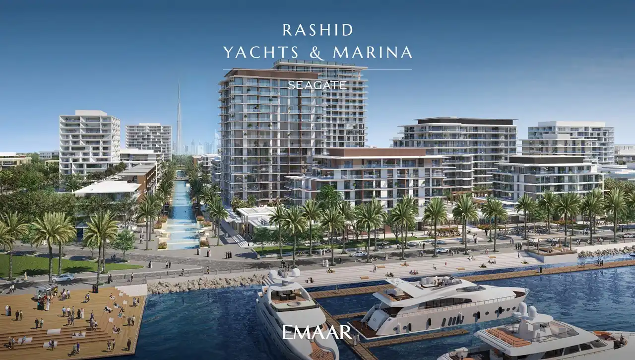 Seagate at Rashid Yachts & Marina by Emaar masterplan view with waterfront residences canal promenade and yachts in Dubai - Presented by Tohid Fetrat