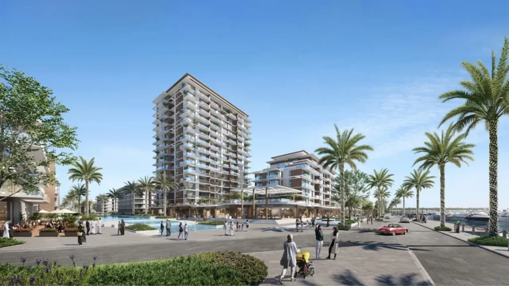 Seagate at Rashid Yachts & Marina by Emaar street and promenade view with palm trees waterfront residences and marina in Dubai - Presented by Tohid Fetrat