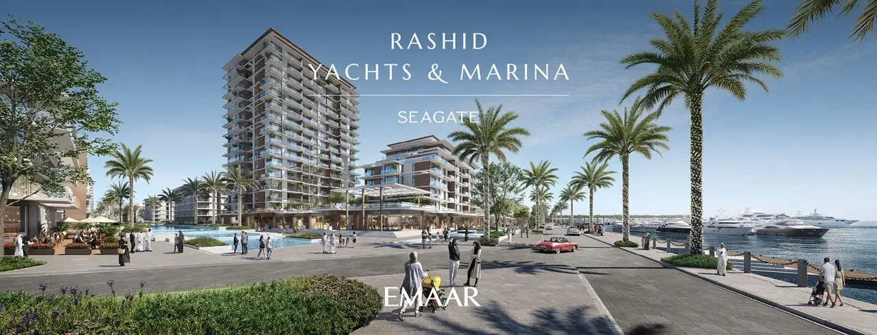 Seagate at Rashid Yachts & Marina by Emaar waterfront community view with palm lined boulevard modern residences and marina in Dubai - Presented by Tohid Fetrat