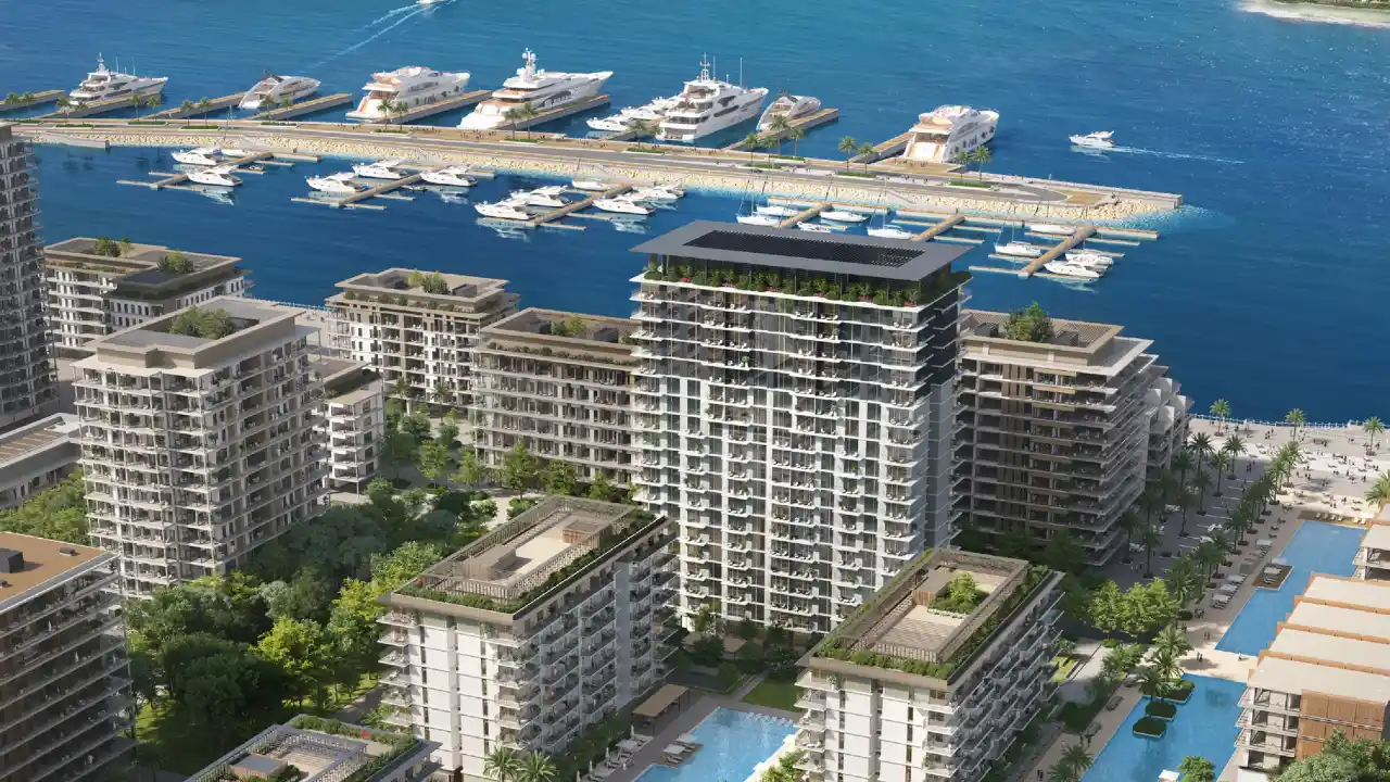 Seascape at Rashid Yachts & Marina by Emaar aerial view of residential buildings marina yachts and waterfront pools in Dubai - Presented by Tohid Fetrat