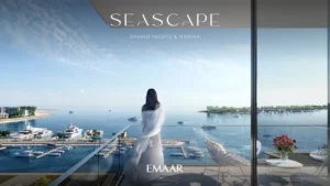 Seascape at Rashid Yachts & Marina by Emaar balcony view overlooking marina yachts and Gulf waterfront in Dubai - Presented by Tohid Fetrat