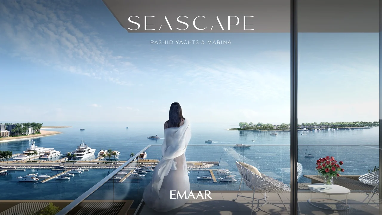 Seascape at Rashid Yachts & Marina by Emaar balcony view overlooking marina yachts and Gulf waterfront in Dubai - Presented by Tohid Fetrat