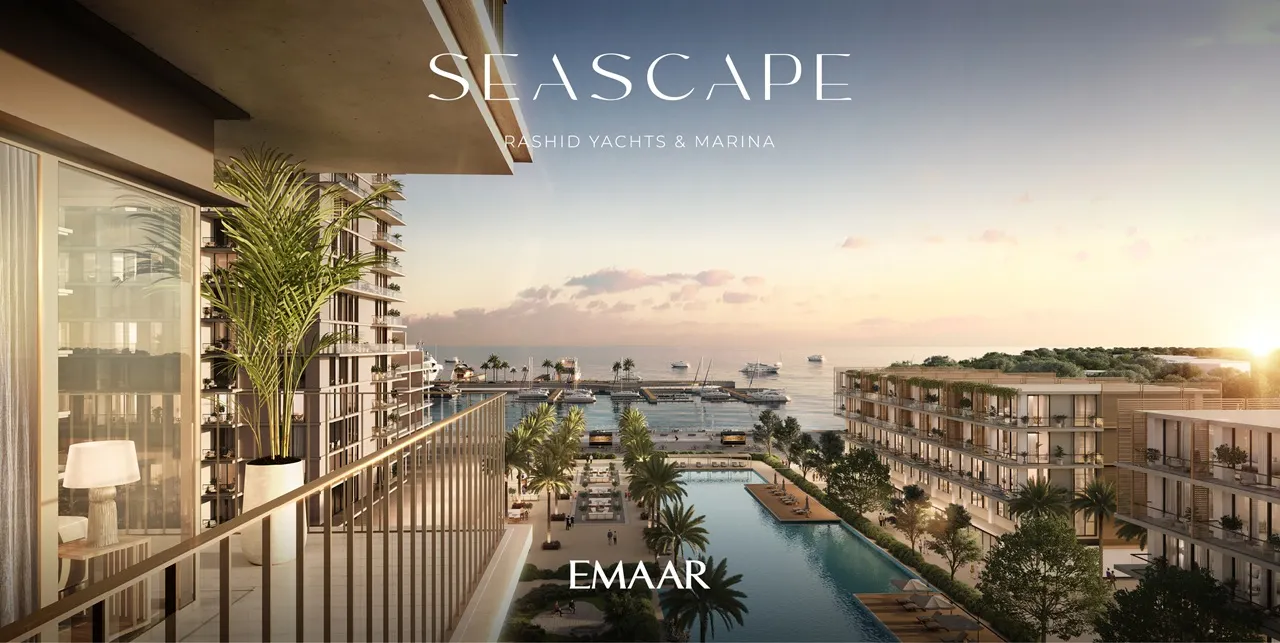 Seascape at Rashid Yachts & Marina by Emaar balcony sunset view overlooking marina yachts waterfront and residential buildings in Dubai - Presented by Tohid Fetrat