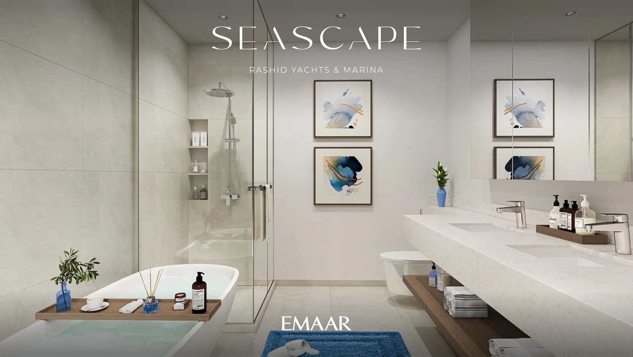 Seascape at Rashid Yachts & Marina by Emaar modern bathroom interior with bathtub walk in shower double vanity and elegant finishes in Dubai - Presented by Tohid Fetrat