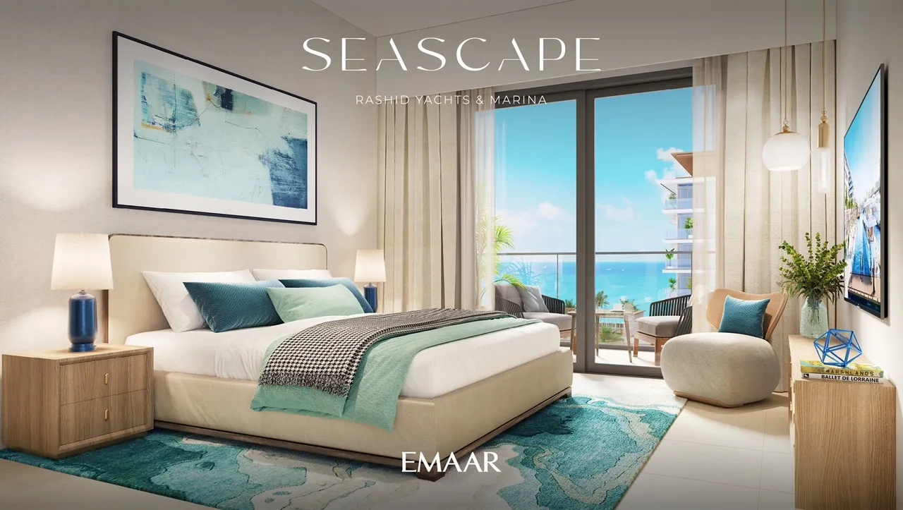 Seascape at Rashid Yachts & Marina by Emaar bedroom interior with balcony sea view natural light and modern furnishings in Dubai - Presented by Tohid Fetrat