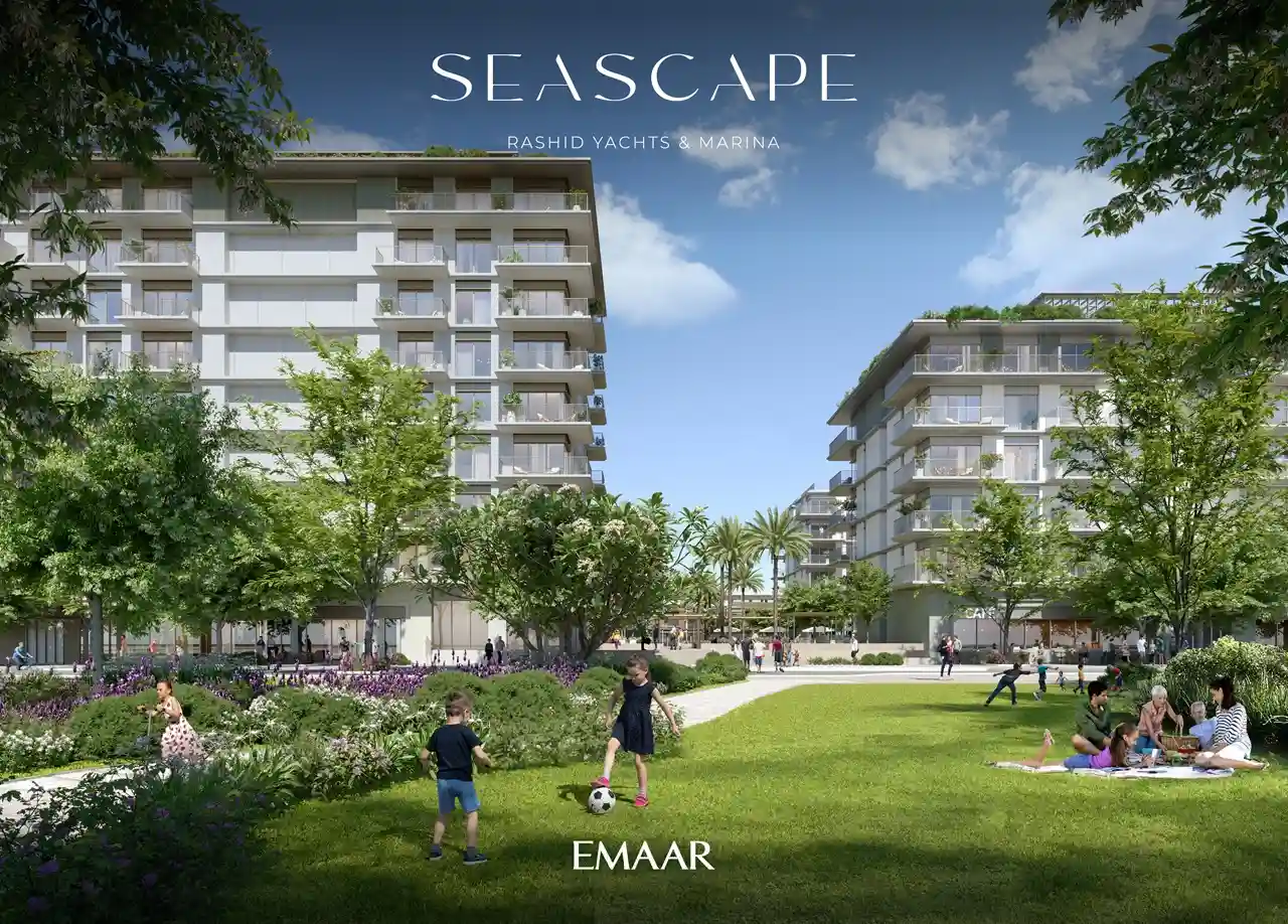 Seascape at Rashid Yachts & Marina by Emaar landscaped community park with green lawns trees and residential buildings in Dubai - Presented by Tohid Fetrat