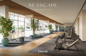 Seascape at Rashid Yachts & Marina by Emaar modern gym with fitness machines cardio equipment and large windows in Dubai - Presented by Tohid Fetrat
