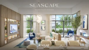 Seascape at Rashid Yachts & Marina by Emaar modern living room interior with large windows natural light and elegant furnishings in Dubai - Presented by Tohid Fetrat