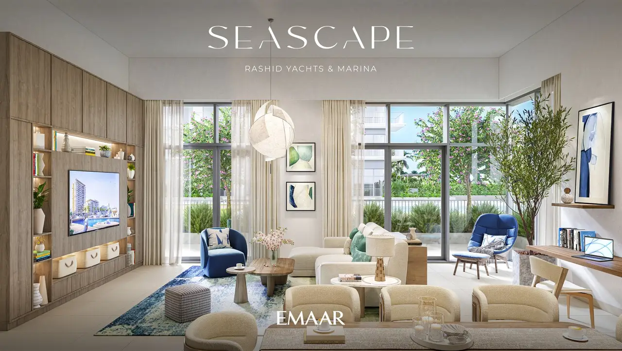 Seascape at Rashid Yachts & Marina by Emaar modern living room interior with large windows natural light and elegant furnishings in Dubai - Presented by Tohid Fetrat