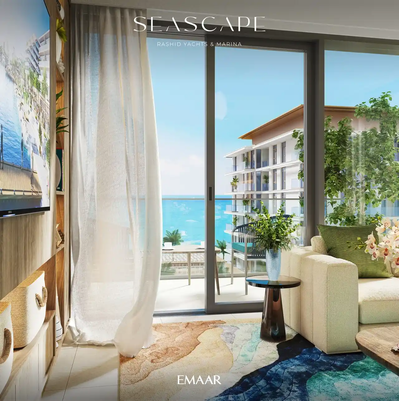 Seascape at Rashid Yachts & Marina by Emaar living room interior with balcony sea view natural light and modern decor in Dubai - Presented by Tohid Fetrat