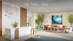 Seascape at Rashid Yachts & Marina by Emaar lobby interior with reception desk modern seating and elegant finishes in Dubai - Presented by Tohid Fetrat