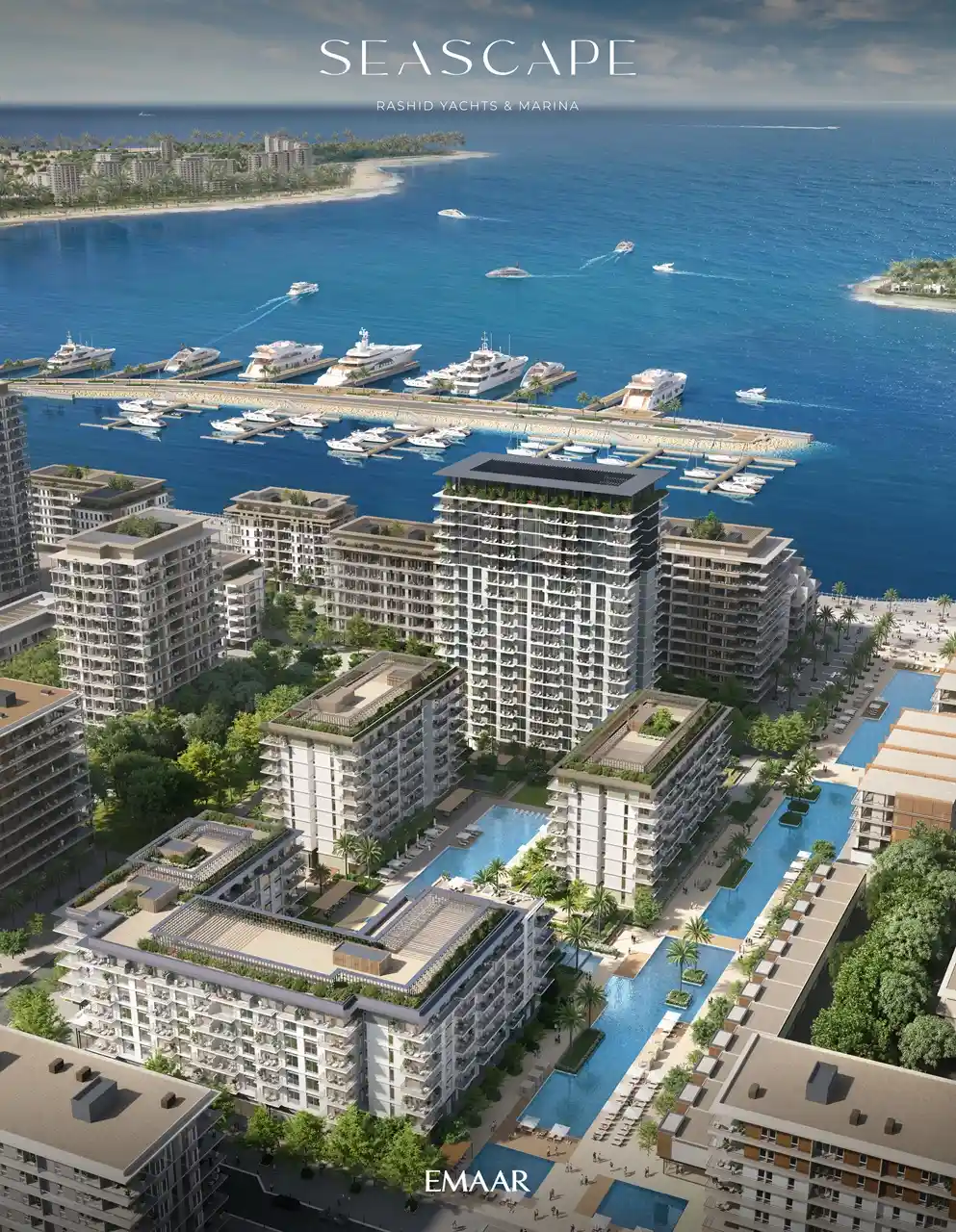 Seascape at Rashid Yachts & Marina by Emaar aerial view of waterfront apartments marina yachts and swimming pools in Dubai - Presented by Tohid Fetrat